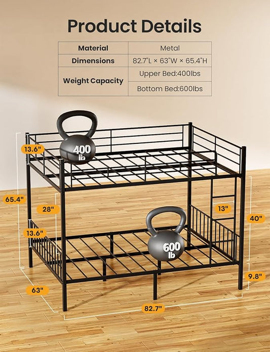 Queen Over Queen Bunk Bed for Adults & Teens, Heavy Duty Metal Bunk Bed with EVA Anti-Slip Ladder & Full-Length Guardrails, Noise-Free Queen Bunk Bed Frame with Under-Bed Storage, Black