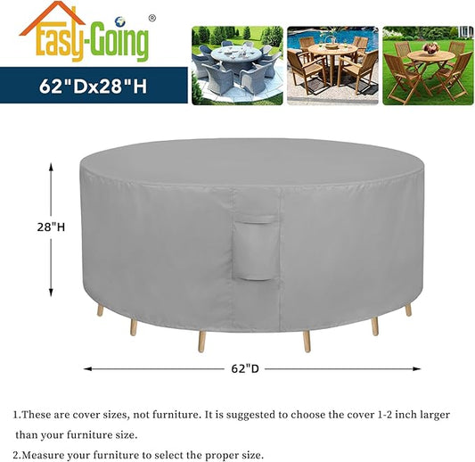 Easy-Going Round Patio Furniture Cover Waterproof Outdoor Dining Table and Chair Cover Anti-UV Outside Sectional Sofa Set Covers (62"DIA x 28"H, Grey)