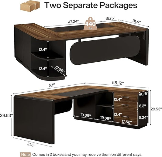 Tribesigns 81-Inch L-Shaped Office Desk, Large Commercial Office Desk with Drawers and File Cabinet, Modern Professional Business Furniture Workstations with Storage Shelves, Brown & Black