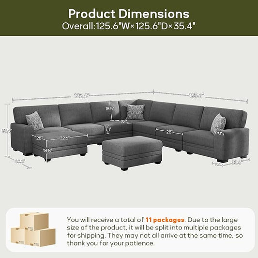 Wanderwell Oversized Modular Sectional Sofa, 9-Seater U Shaped Couches with Movable Ottoman,Corduroy Sectional Couch with Wide and Deep Seats Suitable for Living Room,Bedroom,Apartment (Grey, U-9)