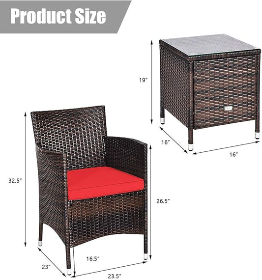 COSTWAY 3 PCS Patio Furniture Set, Outdoor Wicker Conversation Set with Tempered Glass Coffee Table, Seat Cushions, Rattan Wicker Chairs for Poolside Balcony Porch Backyard, Red