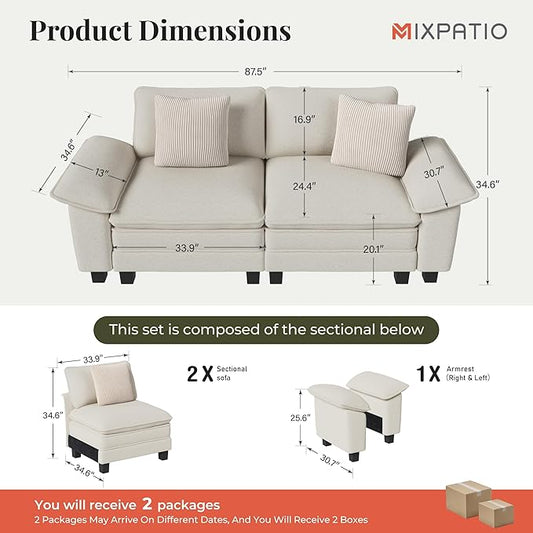 87" Cloud Modular Sectional Loveseat, 2-Seater w/Deep Seat & Removable Arms, Plush Chenille for Small Living Room & Apartment - Beige