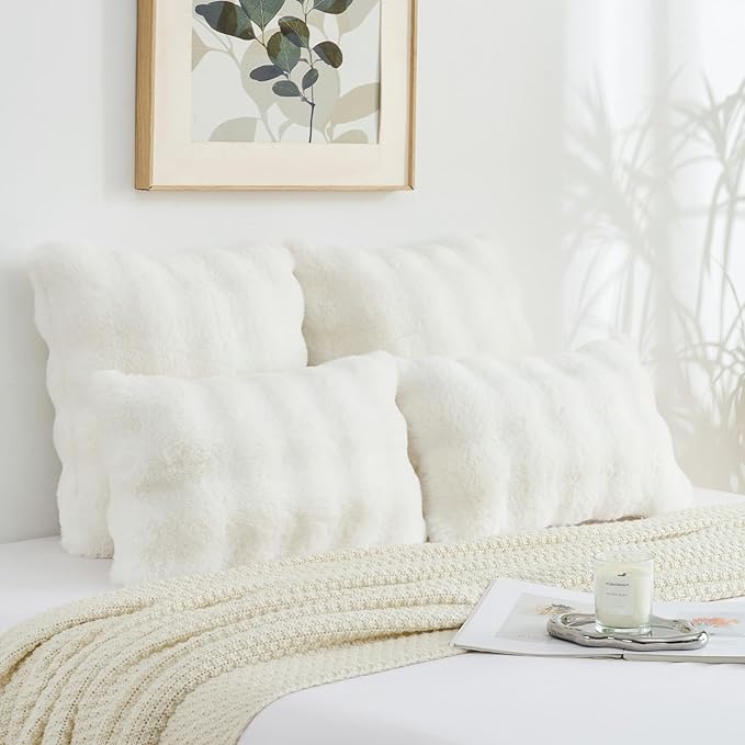 FUTEI Cream White Decorative Throw Pillow Covers 18x18 Inch Set of 2,Soft Fuzzy Faux Rabbit Fur Cushion Covers with Raised Texture,Neutral Boho Home Decor for Couch Bed Living Room