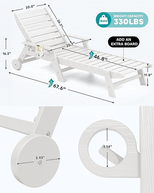 SERWALL Patio Chaise Lounge Chair Set of 4, 5 Positions Adjustable Poly Outdoor Lounger for Pool, HDPE Lounge Chair with Rolling Wheels & Cup Holder for Poolside, Deck, White