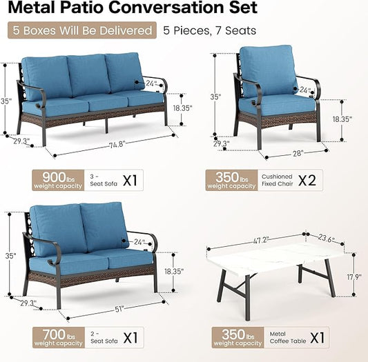 5 Piece Metal Outdoor Patio Furniture Set, Patio Conversation Sets with 3-Seater Sofa, Loveseat, 2 Fixed Sofa (5.75" Thick Cushion) & Coffee Table Black Backyard Furniture, Denim Blue