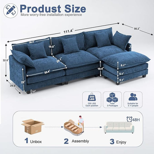 111.4" Cloud L Shaped Sectional Couch with Ottoman|Modular Chenille Sofa with 29.1" Deep Seat|FSC Solid Wood Frame|Easy Assembly & 1YR Guarantee|for Living Room Bedroom Apartment