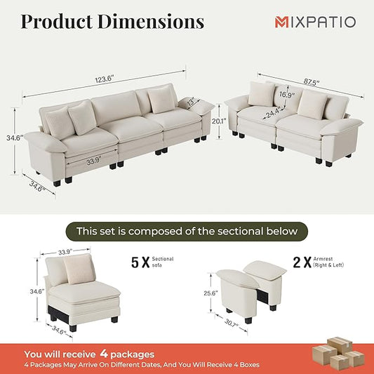 L-Shaped Cloud Modular Sofa Set with Chaise Lounge, 5-Piece Sectional & Deep Seat, Plush Chenille w/Removable Arms for Living Room - Beige