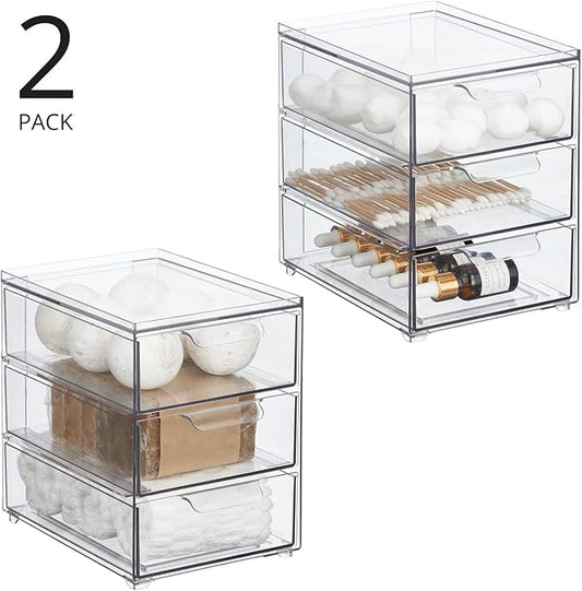 mDesign Plastic Stackable Organizer with 3 Drawers - Pull-Out Drawer Storage Bin for Bathroom Sink/Cabinet Organization - Perfect for Makeup, Small Towels, and More - Lumiere Collection, 2 Pack, Clear
