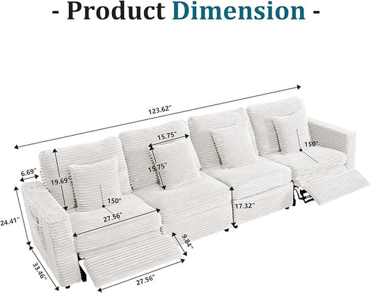 ORRD Power Reclining Sectional Sofa, Electric 4 Seat Recliner with 2 Electric Footrest and Adjustable Headrest, Modern Plush Corduroy Fluffy Modular Sectional with Deep Seat for Living Room-White