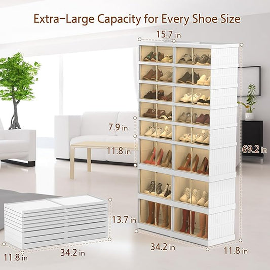 Collapsible Shoe Storage Organizer: Stackable and Large Plastic Foldable Shoe Cabinet Organizer with Magnetic Clear Door - Sneaker Boots Shoes Boxes Shoes Rack for Entryway Closet