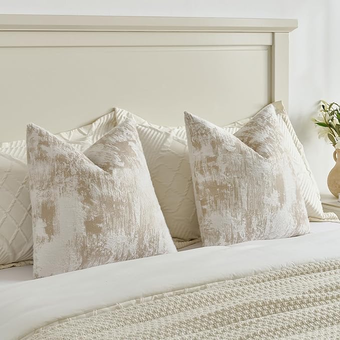 FUTEI Brown White Decorative Throw Pillow Covers 16x16 Inch Set of 2,Soft Faux Cashmere Jacquard - Textured & Cozy Cushion Case,Modern Home Decor for Couch Bed Living Room