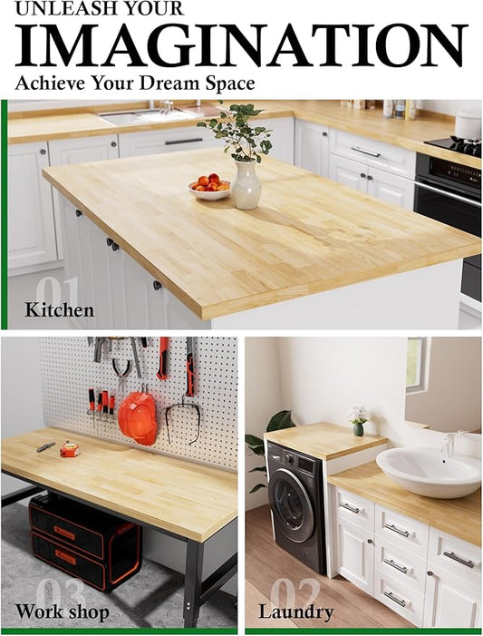 4FT Butcher Block Countertop Birch Solid Wood - 50" x 25" Table Top Butcher Block Cutting Board for Kitchen Island Cart Living Dining Office Desk Workbench Washer Dryer Countertop Unfinished 1.5" Th