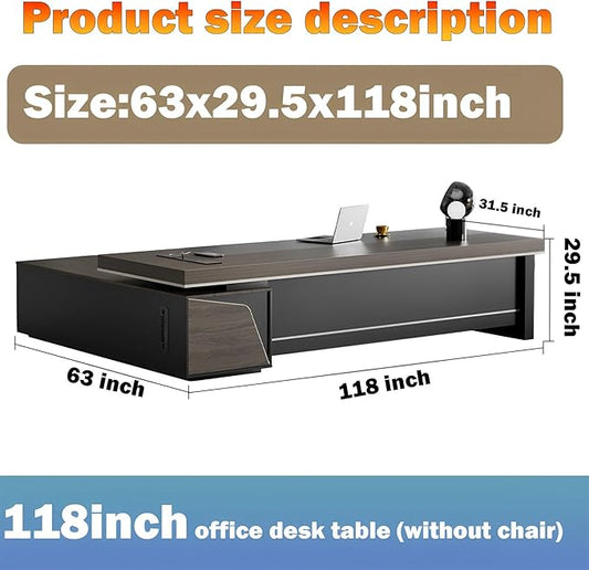 Modern Large Desk, Modern L-shaped Desk With Side Cabinets, Executive Desk With Combination Lock Drawer, Business Furniture Desk With Simple Cable Management (chair Not Included)(63x29.5x118inch)