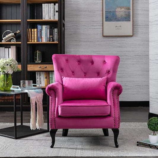 Accent Reading Arm Chairs Set of 2 for Living Room Bedroom, Midcentury Modern Comfy Corner Sofa Chair, Wingback Waiting Room Club Chair with Button Tufted Back &Lumbar Pillow, Velvet Rose