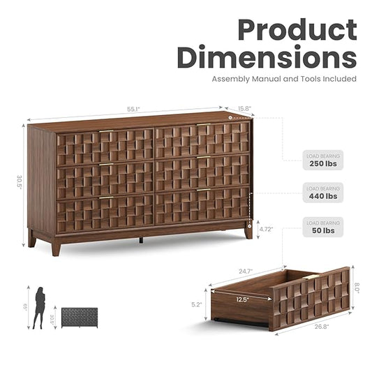 COLAMY Fluted Dresser for Bedroom, 6 Drawer Wood Dresser 55”, Chest of Drawers with Large Storage, Metal Handles, Modern TV Stand for Living Room, Hallway, Walnut