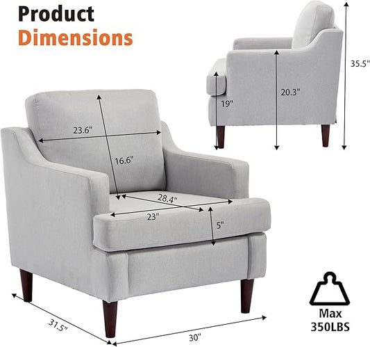 Mid-Century Accent Chair Modern Linen Fabric Armchair for Living Room,Deep Seat Comfy Upholstered Reading Chairs for Bedroom,Single Sofa Chair with Wood Legs (LightGrey, Set of 1)