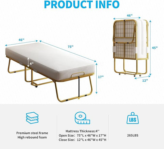 Mjkone Folding Bed with 4" Memory Foam Mattress for Guests – Single Rollaway Bed, Space-Saving Portable Design, Lockable Wheels & Easy Assembly, 75" x 46" Foldable Guest Bed Frame (Gold)