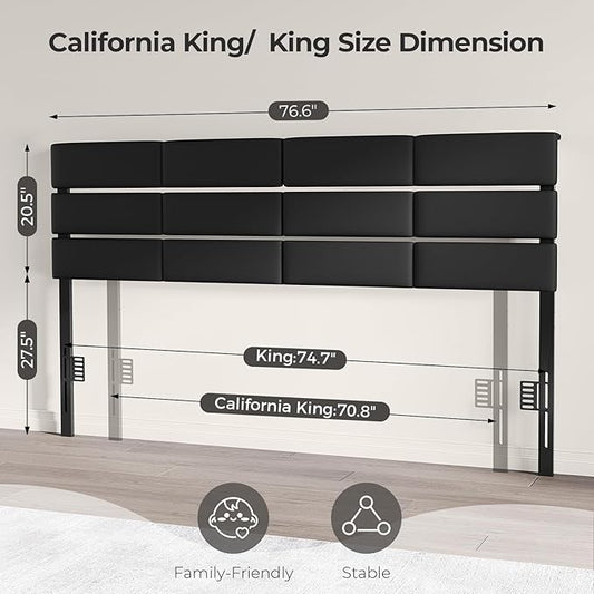 King/Cal King Size Upholstered Velvet Headboard, Adjustable Head Boards with LED Light & Charging Station, Bed Headboard Only, Attach Frame, Ideal for Bedroom, Dorm, Guest Room, Black