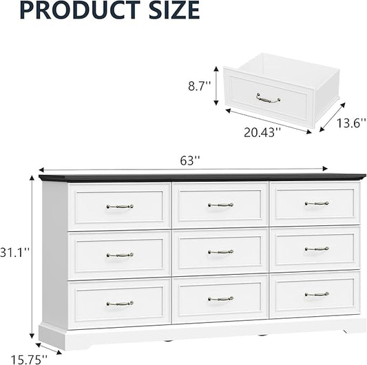 9 Drawer Dresser for Bedroom, 63" Wide Wooden Chest of Drawers, Rustic Farmhouse Dresser with Large Drawers & Metal Handles, Modern Storage Organizer for Closet, Living Room, Hallway, White