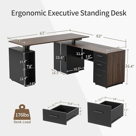 BANTI Executive L Shaped Standing Desk with 3-Drawer File Cabinet, 63" Electric Height Adjustable Stand up Desk for Home Office, Computer Desk with Storage Cabinets, Black Walnut Top