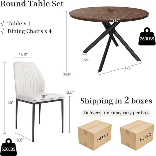 45.3'' Walnut Round Dining Table Set for 4, Mid Century Modern Small Coffee Set for Dining Room Kitchen Apartment (Dark Walnut Table + 4 White Chairs)
