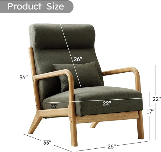 Accent Chair Mid Century Modern Chair Linen Fabric Living Room Chairs with Solid Wood Frame Comfy Upholstered and Lumbar Pillow Reading Side Chair Easy Assembly for Bedroom (1, Green)