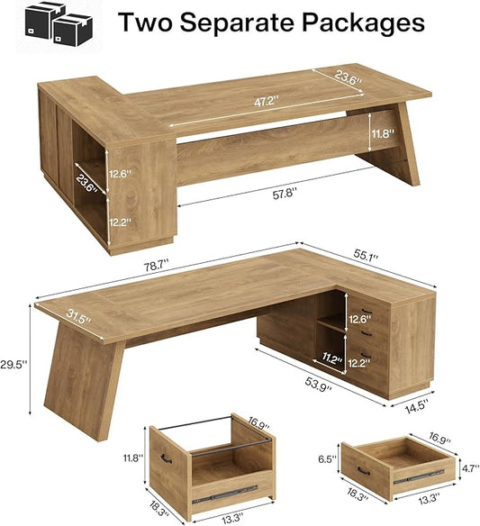 Tribesigns 78" L-Shaped Executive Desk, Large Modern Office Desk with Drawers and Lateral File Cabinet, Business Furniture with Storage Shelves, Big Computer Table for Home Office (Brown)
