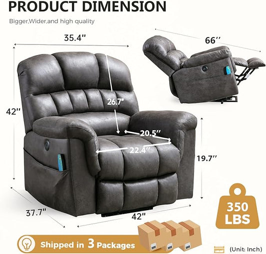 Large Power Lift Recliner Chair with Massage and Heat for Elderly, Faux Leather Electric Lifting Recliners with USB Port, Overstuffed Wide Reclining Sofa Chairs for Living Room, Grey