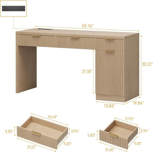 60" Executive Desk with Fluted Drawers, Wood Home Office Desk with Storage Cabinet, Charging Station, Fluted Computer Writing Desk for Study, Living Room.