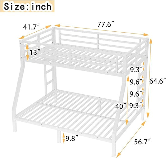Bellemave Twin Over Full Bunk Bed for Teens, Twin Over Full Bunk Bed Frame with 2 Side Ladder and Full Length Guardrail, Easy Assemble Bunkbeds, Noise Reduced, Mattress Not Included, White