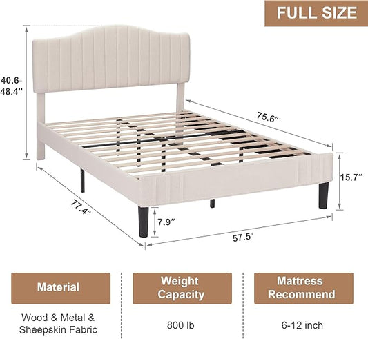 VECELO Full Size Beds Upholstered Platform Bed Frame with Height-Adjustable Teddy Fabric Headboard/Strong Wood Slats Supports / 7.9'' Under Bed Storage Space/Noise Free/No Box Spring Needed, Cream