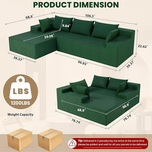 LEVELEVE 107" Cloud Sectional Couch with Deep Seat,Modern Modular Sofa with L-Shape Chaise,No Assembly Required, Upholstered Couches for Living Room Bedroom(Green,Left Facing Chaise)
