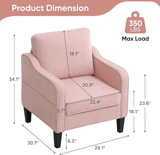 Accent Chairs Set of 2, Upholstered Living Room Chair with Side Pockets, Mid Century Modern Reading Chair for Bedroom, Comfy Armchair Single Sofa Side Chair for Office, Small Room, Pink