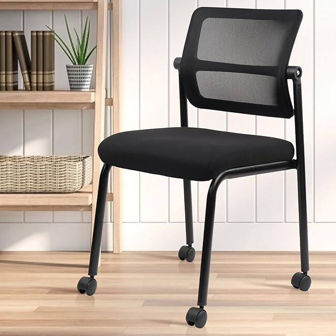 CLATINA Stacking Armless Office Guest Chair with Wheels, Stackable Mesh Waiting Room Reception Desk Chairs with Adjustable Backrest for Conference Lobby Side School, Black, 4PK