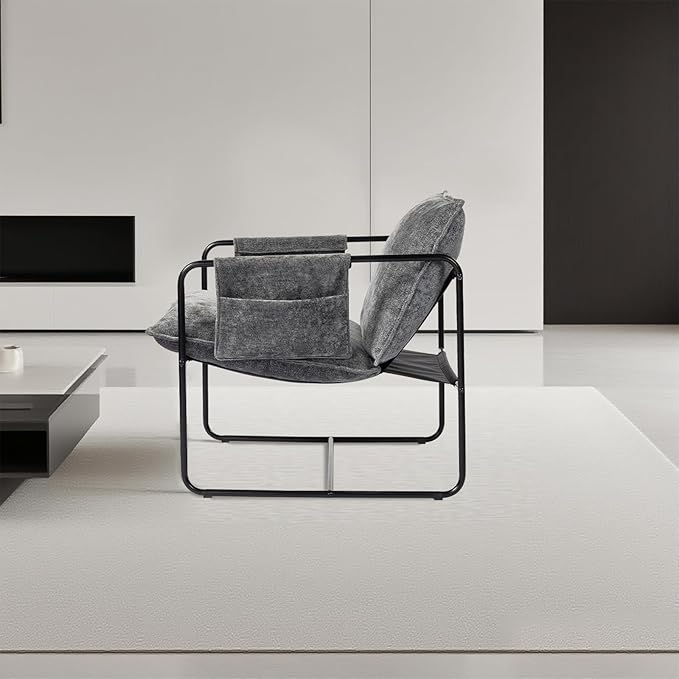 Modern Accent Chair Set of 2 Comfortable Living Room Chairs with Armrests, Bedroom Reading Chair, Chenille Upholstered Lounge Metal Chair