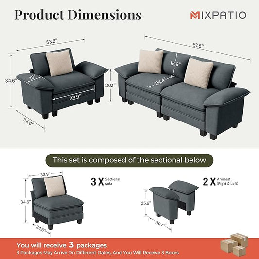 L-Shaped Cloud Modular Sofa Set, 4-Piece Double Loveseat Sectional w/Deep Seat & Removable Arms, Plush Chenille for Living Room - Cyan