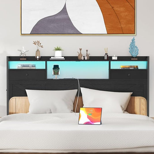 King Size Headboard with Drawers, Outlets & USB Ports,Sturdy Wood Bed Frame with Adjustable Height, Built-in LED Lighting (Black, King 75.2 * 7.08 * 45.7)