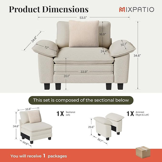 53.5" Modular Sectional Single Sofa, Soft Plush Chenille Armchair with Comfortable Deep Seat & Removable Arms for Living Room,Beige