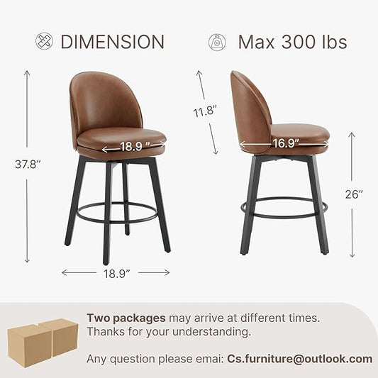 Counter Height Barstools 26 inch Upholstered Swivel Bar Stools with Back and Wood Legs for Kitchen Island,Set of 4,Brown PU Leather-Armless