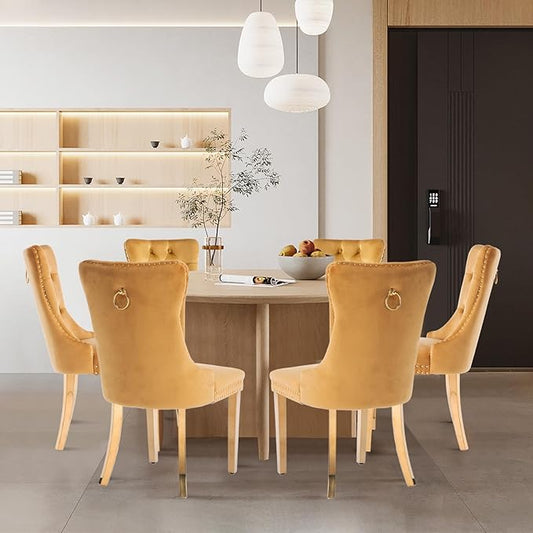 Velvet Upholstered Dining Chairs Set of 6, Modern Style Kitchen Side Chairs with Nailhead Trim and Gold Plated Leg, Metal Pulling Ring for Dining Room Living Room(Gold-Gold Plated Leg)