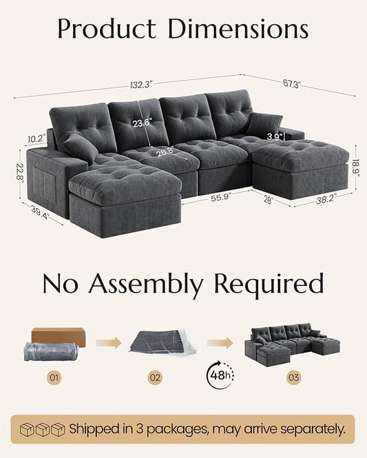 High Back Boneless Couch, U Shaped Cloud Couch with Versatile 2-Pack Pillow Blankets, Corduroy Modular Sectional Sofa with Ottoman, No Assemble Sectional Couches for Living Room, Dark Grey