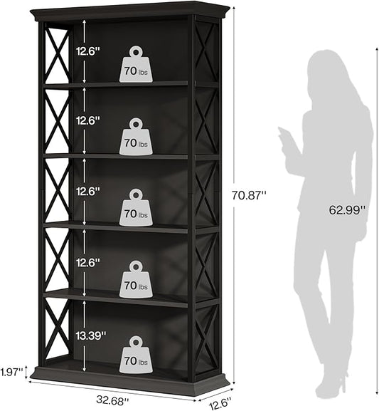 Tribesigns 71-Inch Tall Bookcase, 5-Tier Industrial Metal Bookshelf, Large Etagere Bookcases and Bookshelves, Freestanding Display Shelves for Living Room, Bedroom, Black
