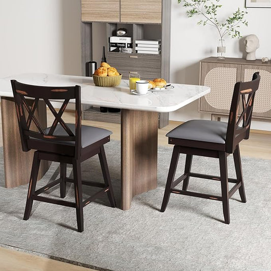 COSTWAY Bar Stool Set of 2 for Kitchen Island, 25" Counter Height Chair with Ergonomic Backrest, Foot Rest, Waterproof PVC Surface & Solid Wood Structure, 360°Swivel Farmhouse Barstool with Back