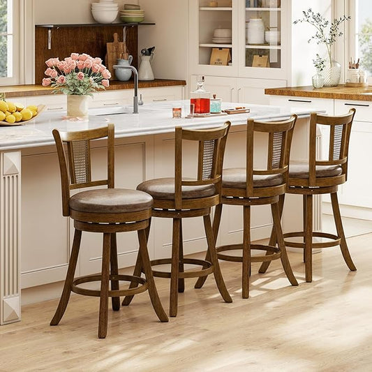 COSTWAY Counter Height Barstools Set of 4, 25” Solid Rubber Wood Swivel Counter Chairs with Faux Leather Seat, Curved PE Rattan Back, for Living Room & Kitchen Island, Brown (4, 25” Seat Height)