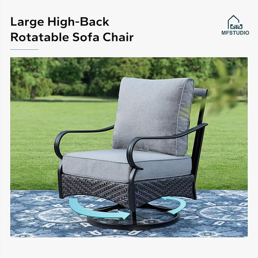 MFSTUDIO 4 Pieces Outdoor Patio Furniture Set, Metal Outdoor Conversation Set, Rattan Wicker Patio Sectional Sofa Set with 2 x Swivel Single Sofa, 2-Seat Sofa, 1 x Coffee Table, Grey