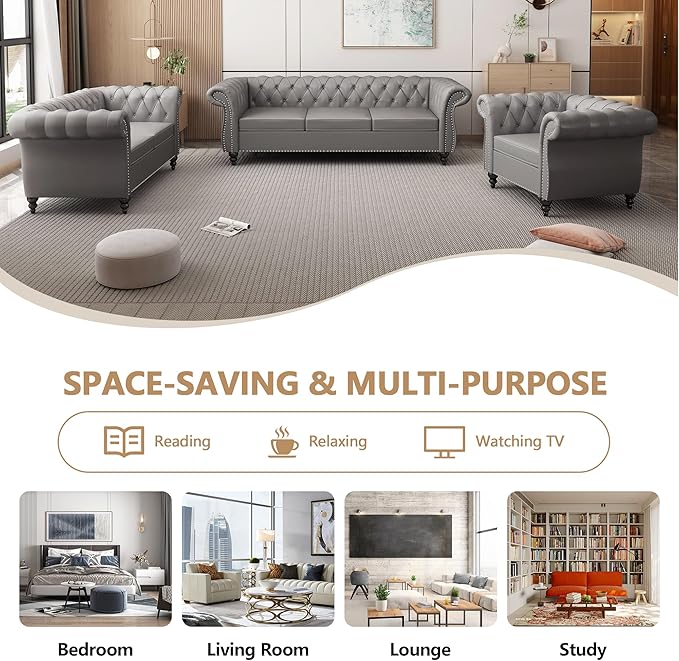 Loveseat Sofa Couch, Modern PU Leather Upholstered Sofa, Oversized Comfy 2 Seater Love Seat Couch with Cushions, Mid Century Tufted Chesterfield Sofa for Living Room, Bedroom, Apartment (Grey)