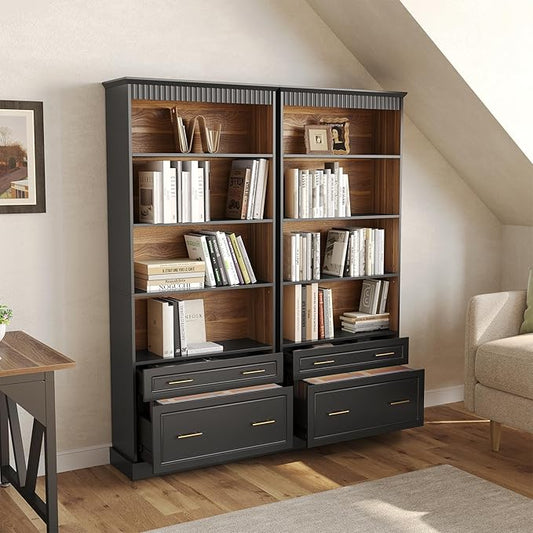 LITTLE TREE 72" Tall Black Bookcase, 5-Tier Office Bookself with File Cabinet Drawers,Modern Floor Standing Storage Filing Cabinet Book Shelf for Living Room,Bedroom(2 Piece,Black)