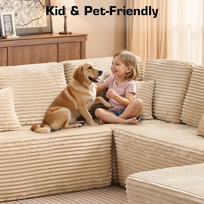 133.1'' Boneless Sectional Couches for Living Room, Oversized Cloud Couch with Chaise & Ottoman, Modular Sofa Sets Deep Seat Plush Corduroy, No Assembly Required,Plush Corduroy,Beige