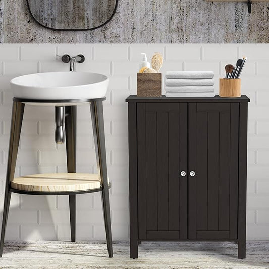 COSTWAY Bathroom Floor Cabinet - Freestanding Side Storage Organizer with Double Doors & Adjustable Shelf, Wooden Storage Cabinet for Living Room, Bedroom, Kitchen, Entryway (Brown)