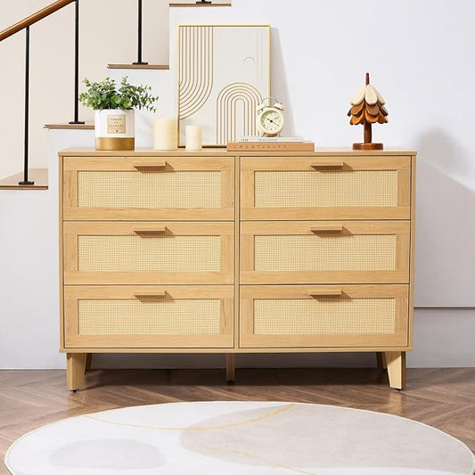 6 Drawer Dresser for Bedroom, Modern Wooden Chest of Drawers with Metal Handles, Anti-Tipping Design, Sturdy and Stable Storage Organizer for Living Room, TV Stand,Natural Oak